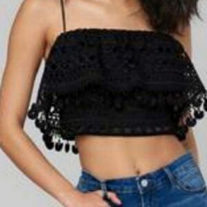 Bebe Tassel Cropped Lined Black Crochet Witchy Top, Size 6